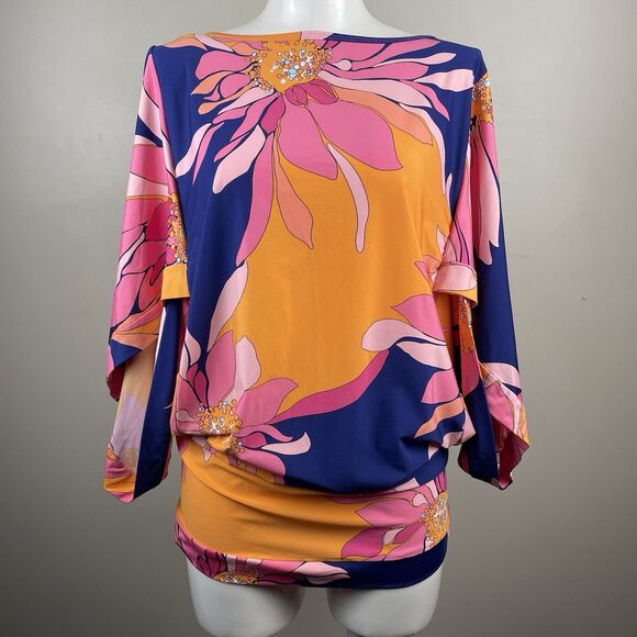 Trina Turk M Breeze Floral Swimsuit Jersey Cover Up Retro Caftan Tunic Dress - Picture 2 of 12